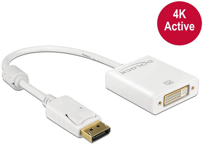 Ein weißer Adapter verbindet einen DisplayPort-Stecker mit einem DVI-D-Buchsenanschluss, geeignet für 4K-Auflösung (aktiv).