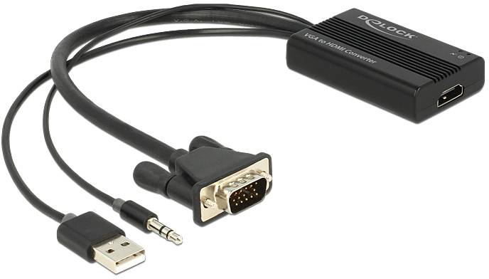 Ein VGA-zu-HDMI-Konverter mit USB-Stromversorgung und Audiokabel. Verwendet, um VGA-Signale zu HDMI umzuwandeln, z.B. für Monitore.
