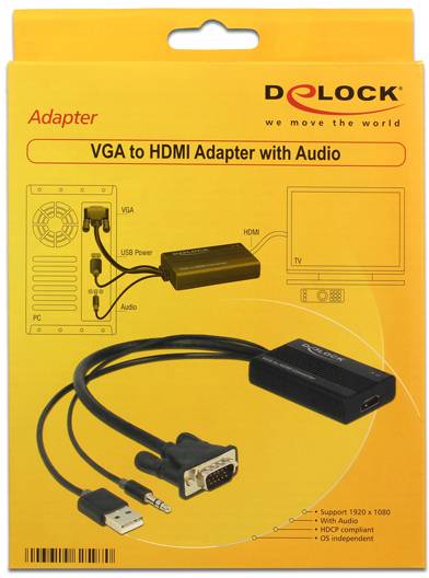 Adapterverpackung von Delock: VGA zu HDMI mit Audio. Zeigt Anwendungsdiagramm für PC-Zu-TV-Verbindung. Unterstützt 1920x1080.