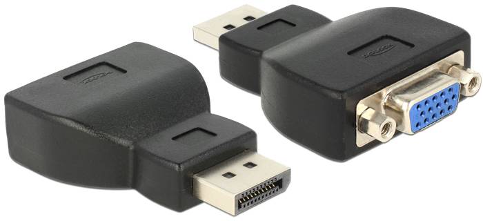 DisplayPort zu VGA Adapter, schwarz, zeigt die Anschlüsse: DisplayPort auf der einen Seite, VGA auf der anderen.