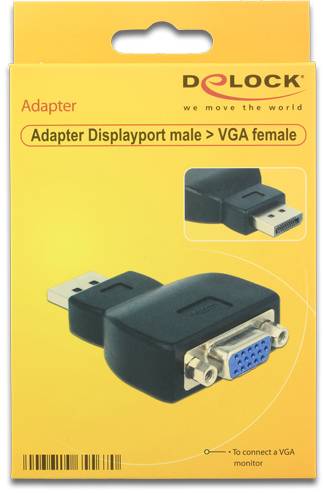 Verpackung eines Adapters von DisplayPort male zu VGA female, geeignet zum Anschluss eines VGA-Monitors.