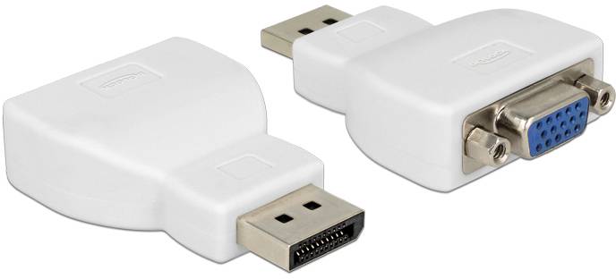 Zwei weiße Adapter, einer mit DisplayPort und der andere mit VGA-Anschluss, zur Verbindung von Geräten mit unterschiedlichen Schnittstellen.