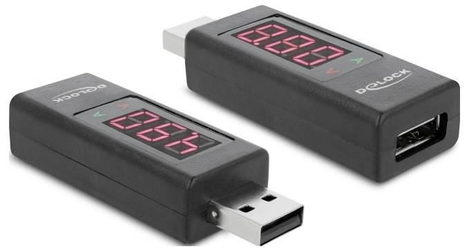 Zwei digitale USB-Strommesser mit LED-Anzeige für Spannung und Stromstärke. Ein Gerät zeigt '0.64' und das andere '0.00'.