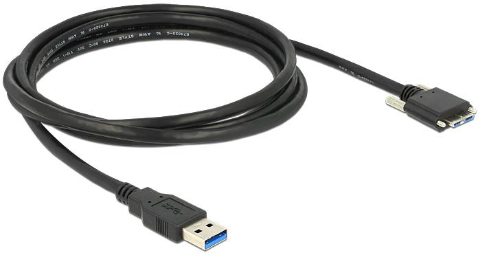 Ein schwarzes USB-3.0-Kabel mit einem Typ-A-Stecker auf der einen Seite und einem DVI-Anschluss auf der anderen, auf weißem Hintergrund.