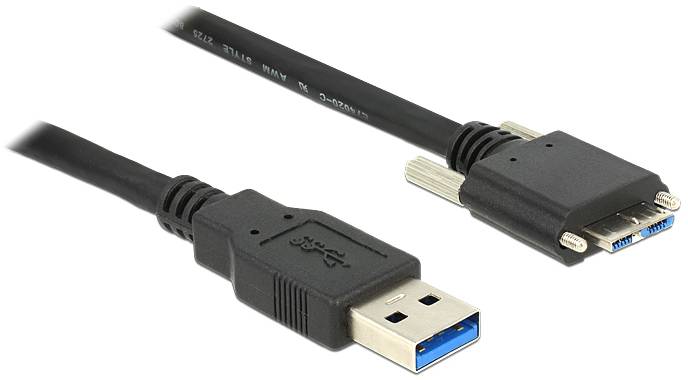Zwei USB-Kabel: links ein Standard-USB-Stecker, rechts ein microUSB-3.0-Stecker. Kabel sind schwarz.