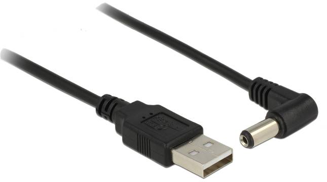 Schwarzes USB-Kabel mit Standard-USB-Stecker auf einer Seite und einem runden Gleichstrom-Stecker auf der anderen Seite.