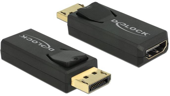 Zwei schwarze Adapter der Marke Delock mit DisplayPort- und HDMI-Anschlüssen, eine für Input, die andere für Output.