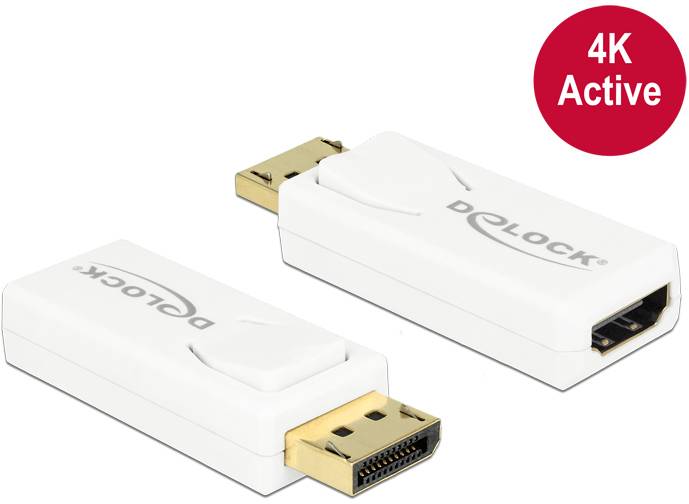 Zwei weiße Adapter mit DisplayPort- und HDMI-Anschlüssen, die 4K-Unterstützung bieten. Markenname 'DELOCK' auf jedem Adapter sichtbar.