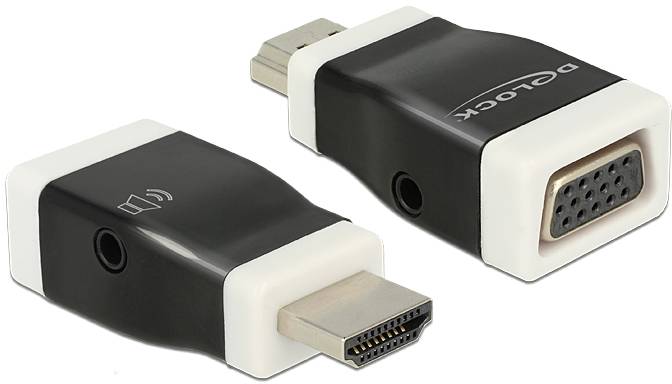Adapter mit HDMI- und VGA-Anschluss, nützlich für die Verbindung zwischen modernen Computern und älteren Monitoren oder Projektoren.