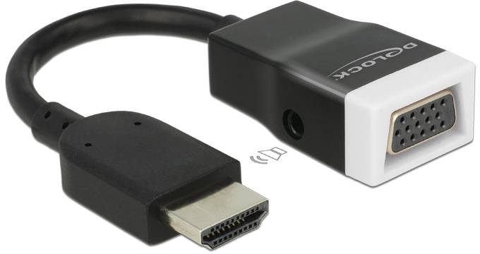 Adapter 'deLOCK': HDMI-Stecker zu VGA-Buchse, schwarz-weiß, verbindet HDMI-fähige Geräte mit VGA-Monitoren oder Projektoren.