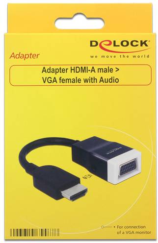 Gelbe Verpackung für Delock Adapter: HDMI-A-Stecker zu VGA-Buchse mit Audio, geeignet für den Anschluss eines VGA-Monitors.