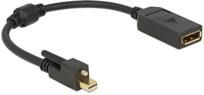Ein schwarzes HDMI-zu-Mini-DisplayPort-Adapterkabel, das verwendet wird, um eine Verbindung zwischen verschiedenen Bildschirmen und Geräten herzustellen.