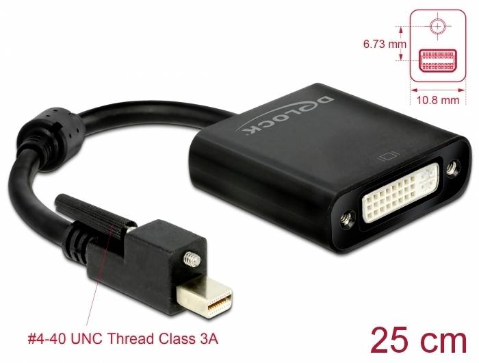 Ein schwarzes Adapterkabel mit einem Mini DisplayPort-Stecker und DVI-Anschluss. Länge: 25 cm. Maße der DVI-Schnittstelle: 6,73 mm x 10,8 mm.