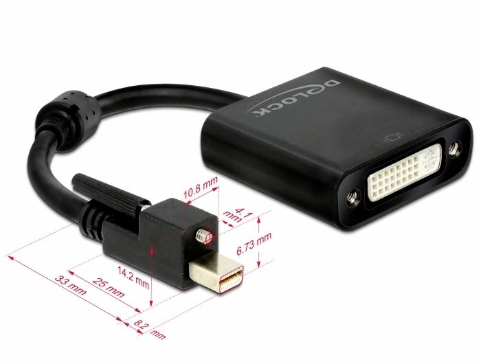 Schwarzer Adapter mit DVI-Anschluss auf der rechten Seite und Mini-DisplayPort-Stecker auf der linken Seite, mit Maßangaben.