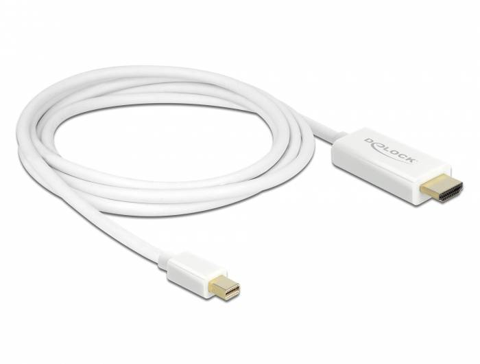 Ein weißes Mini DisplayPort auf HDMI Kabel von Delock, das für die Verbindung von Computern mit HDMI-Bildschirmen verwendet wird.