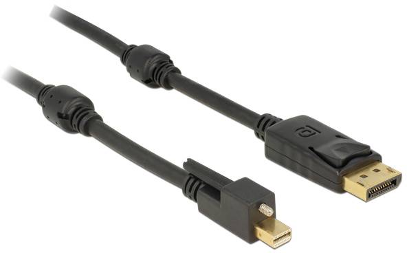 Ein schwarzes Kabel mit einem Mini DisplayPort-Stecker und einem DisplayPort-Stecker. Geeignet zum Verbinden von Computern mit Monitoren.