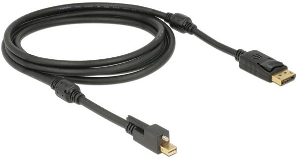 Ein schwarzes Mini-DisplayPort-zu-DisplayPort-Kabel zur Verbindung von Computern mit Monitoren, erkennbar an den goldenen Steckern.