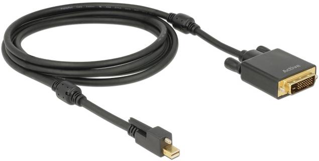 Ein schwarzes Kabel mit einem Mini DisplayPort-Stecker auf der einen Seite und einem DVI-Stecker auf der anderen Seite.