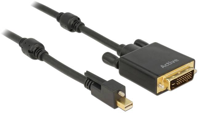 Mini DisplayPort-zu-DVI-Kabeladapter mit einem schwarzen Steckergehäuse und goldfarbenen Anschlüssen auf beiden Enden.