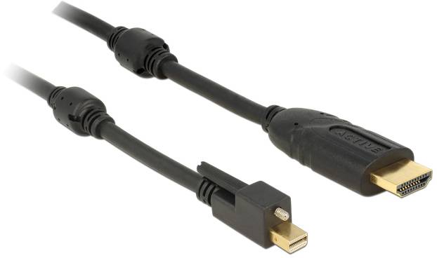 Ein schwarzes HDMI-Kabel mit Mini-DisplayPort-Anschluss, geeignet zum Verbinden von Computern mit Monitoren oder Projektoren.