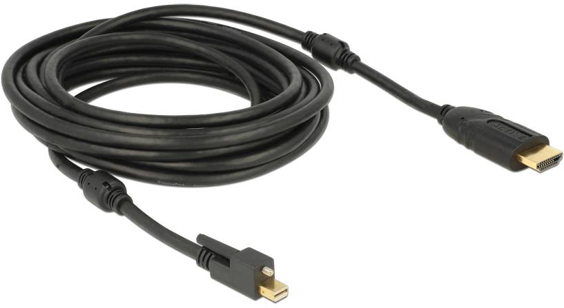 Schwarzes HDMI-Kabel mit männlichen Anschlüssen an beiden Enden, aufgerollt und bereit zur Verbindung von Geräten für Audio- und Videoübertragung.