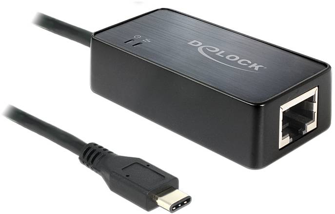 USB-C auf Ethernet-Adapter für kabelgebundene Netzwerkverbindungen, schwarzes Gehäuse mit 'Delock'-Logo.