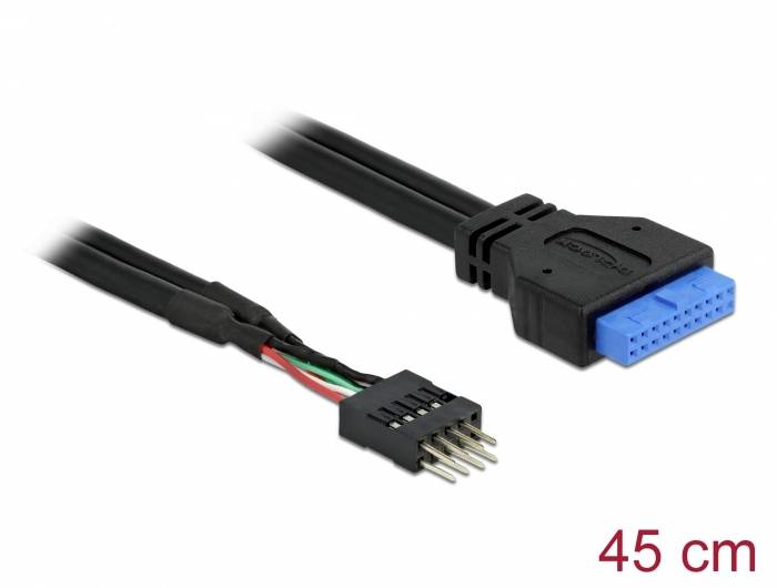 USB 3.0 Mainboard Adapterkabel, 45 cm Länge. Schwarz mit blauem Anschlussstück. Geeignet für interne Verbindungen.