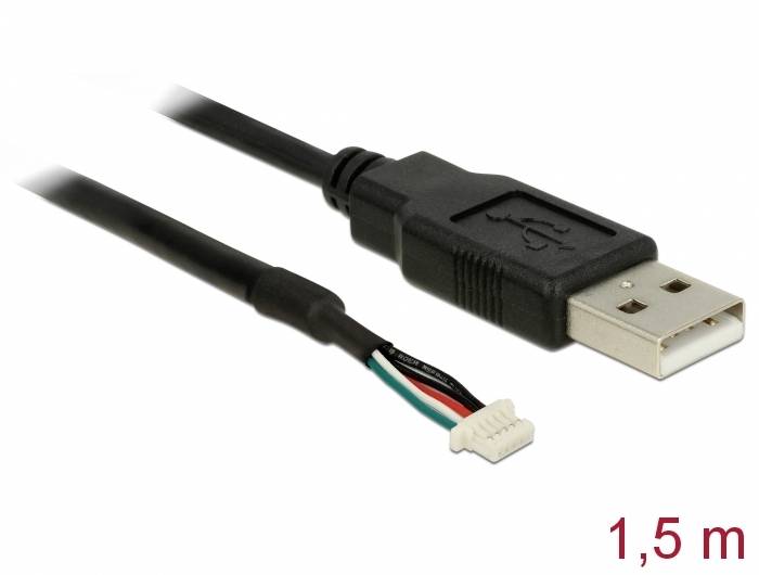 Ein schwarzes USB-Kabel mit offener Drahtende an einem Ende und Stecker am anderen. Die Länge beträgt 1,5 Meter.