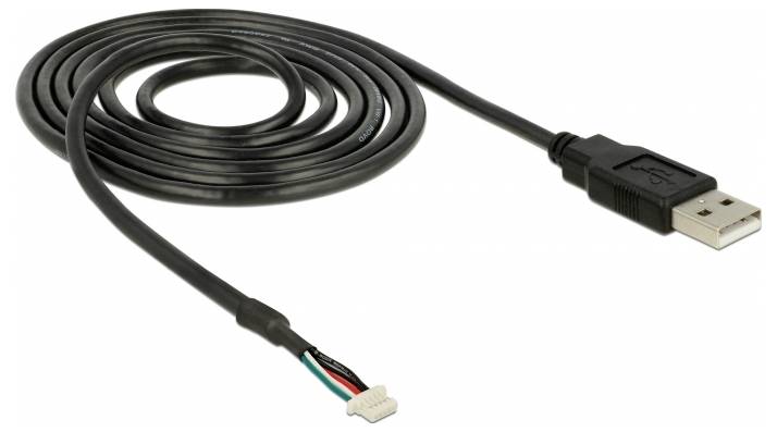 Ein schwarzes USB-Kabel mit einem Standard-USB-Anschluss auf einer Seite und einem offenen Multidrahtenden auf der anderen Seite.