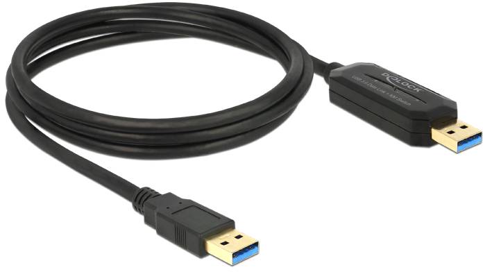 Ein schwarzes USB-Kabel mit zwei blauen USB-Steckern, einem an jedem Ende.