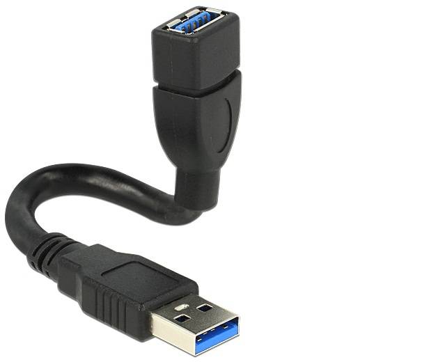 USB 3.0-Adapterkabel mit einem Typ-A-Stecker und einer Buchse, schwarzes Kabel mit blauen Kontakten für schnelle Datenübertragung.