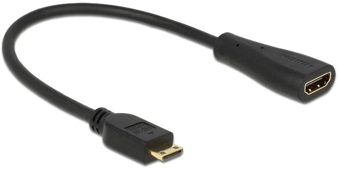 Ein kurzes, schwarzes HDMI-Adapterkabel mit einem Mini-HDMI-Stecker auf der einen Seite und einer HDMI-Buchse auf der anderen.