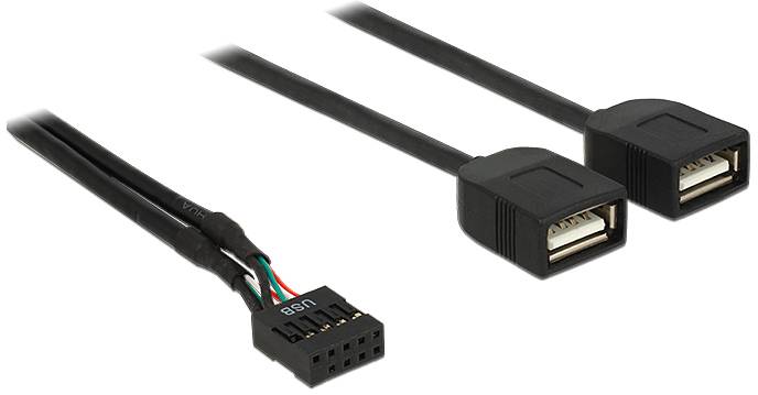 Zwei USB-Anschlusskabel mit schwarzer Ummantelung führen zu einem Stecker ansatz mit mehreren Pins, bezeichnet mit 'USB'.