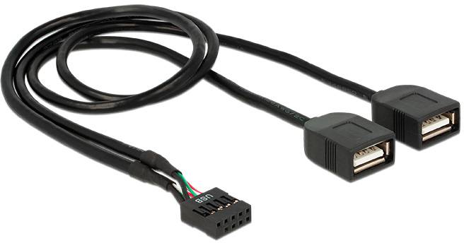 Ein schwarzes Y-USB-Kabel verbindet sich von einem 9-Pin-Stecker zu zwei USB-Anschlüssen, zum Anschluss von zwei Geräten an eine einzige Quelle.