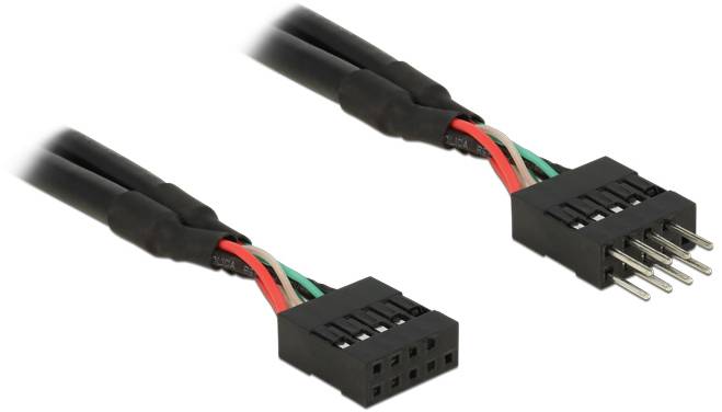 Zwei schwarze Kabel mit jeweils einem Stecker am Ende. Ein Stecker hat Pins, der andere Buchsen. Die Kabel sind farblich markiert.