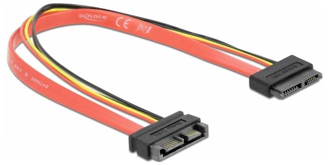 Ein rotes SATA-Strom- und Datenkabel mit schwarzen Anschlüssen, verwendet zum Verbinden von Festplatten und Mainboards in Computern.