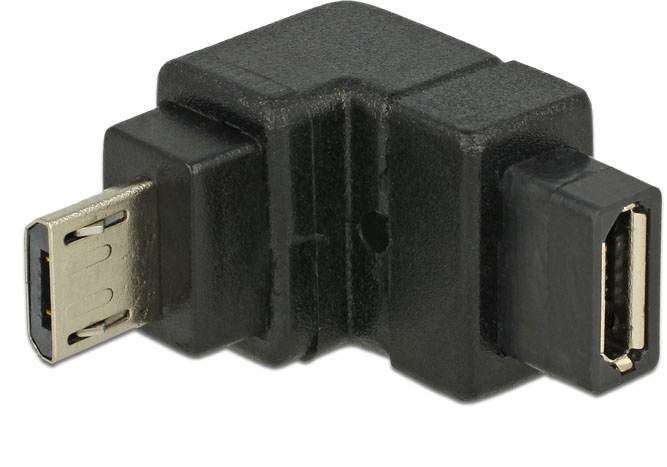 Ein schwarzer USB-Winkeladapter mit Micro-USB-Anschluss auf der einen Seite und USB-Buchse auf der anderen Seite.
