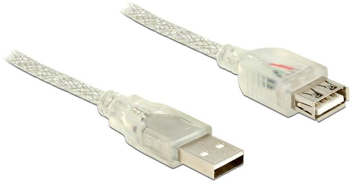 Transparente USB-Verlängerungskabel mit einer USB-A-Stecker- und einer USB-A-Buchse. Geeignet zur Verlängerung von USB-Anschlüssen.