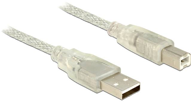 Ein durchsichtiges USB-Kabel mit Steckern an beiden Enden, eins vom Typ A und eins vom Typ B, auf weißem Hintergrund.