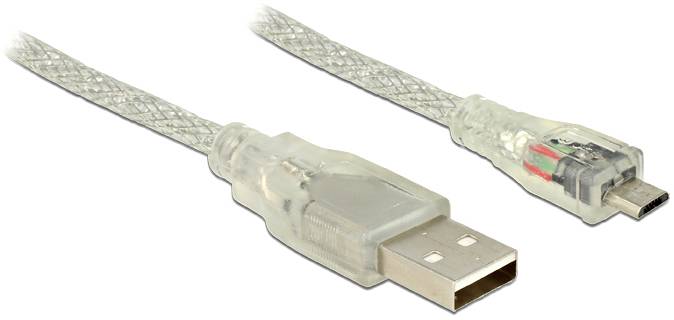 Ein transparentes USB-Kabel mit einem Standard-USB-Anschluss und einem Micro-USB-Anschluss.