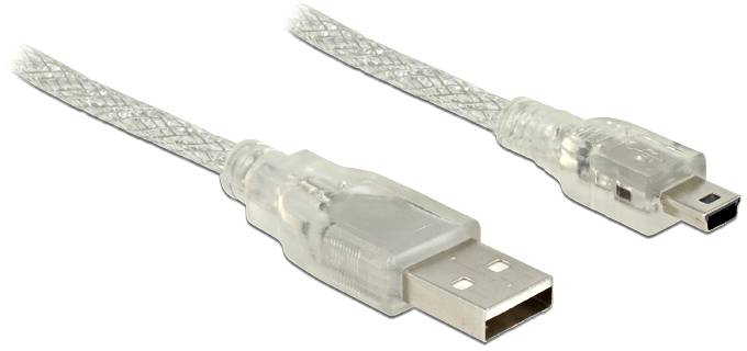 Ein transparentes USB-Kabel mit einem Standard-USB-Stecker auf der einen Seite und einem Mini-USB-Stecker auf der anderen Seite.