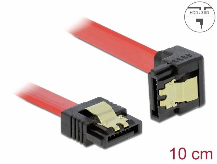 Rotes SATA-Kabel mit abgewinkeltem Stecker für HDD/SSD Data-Verbindungen; Länge: 10 cm; geeignet für interne PC-Komponenten.