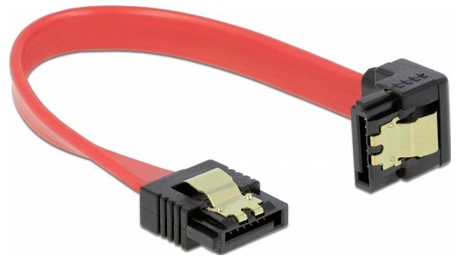 Rotes SATA-Datenkabel mit schwarzem Plastikstecker an beiden Enden, gebogen dargestellt.