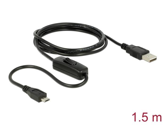 USB-Kabel mit Schalter, Länge 1,5 m, mit USB- und Micro-USB-Anschlüssen.