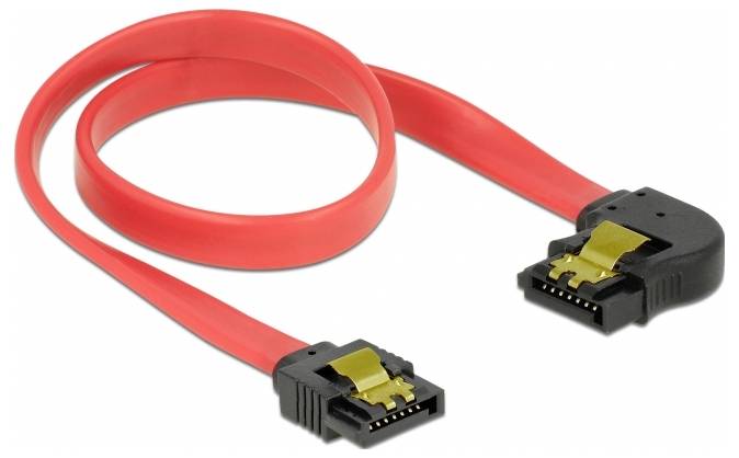 Ein rotes SATA-Kabel mit einem abgewinkelten und einem geraden Stecker, verwendet zum Verbinden von internen Speichermedien in Computern.