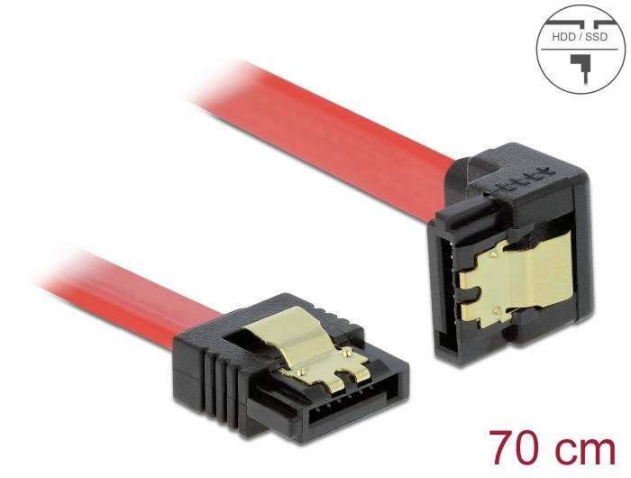 Rotes 70 cm SATA-Kabel mit schwarzen Anschlüssen und Metallclips für HDD/SSD-Verbindung.