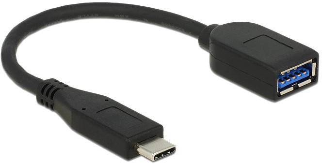 Ein schwarzes USB-C-auf-USB-A-Kabeladapter, zeigt die Verbindungsmöglichkeiten beider Enden.