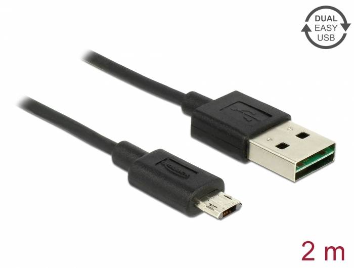 USB-Kabel mit USB-A- und Micro-USB-Steckern, 2 m lang. Geeignet für Datenübertragung und Laden. Markierung 'Dual Easy USB'.