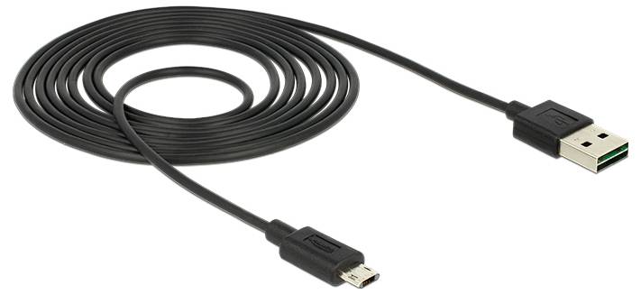 Schwarzes USB-Kabel mit einem Standard-USB-Anschluss auf der einen Seite und einem Micro-USB-Anschluss auf der anderen Seite.