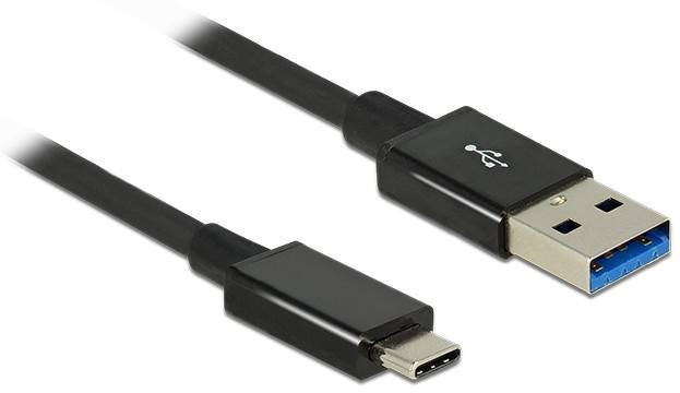 USB-Kabel mit einem Typ-C-Stecker (links) und einem Typ-A-Stecker (rechts) zur Datenübertragung und zum Laden von Geräten.